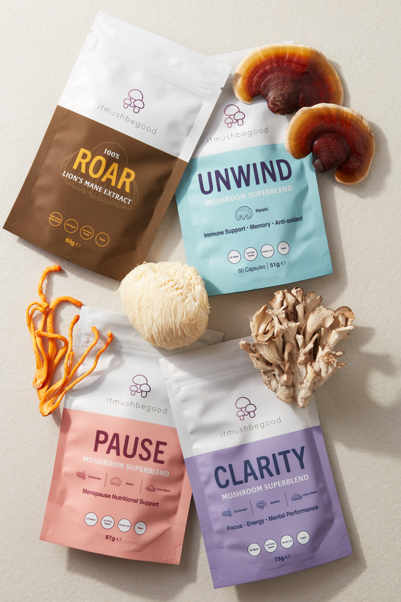 Four Superblend packages laid out with functional mushrooms Reishi, Lions Mane, Maitake and Cordyceps in between the pouches