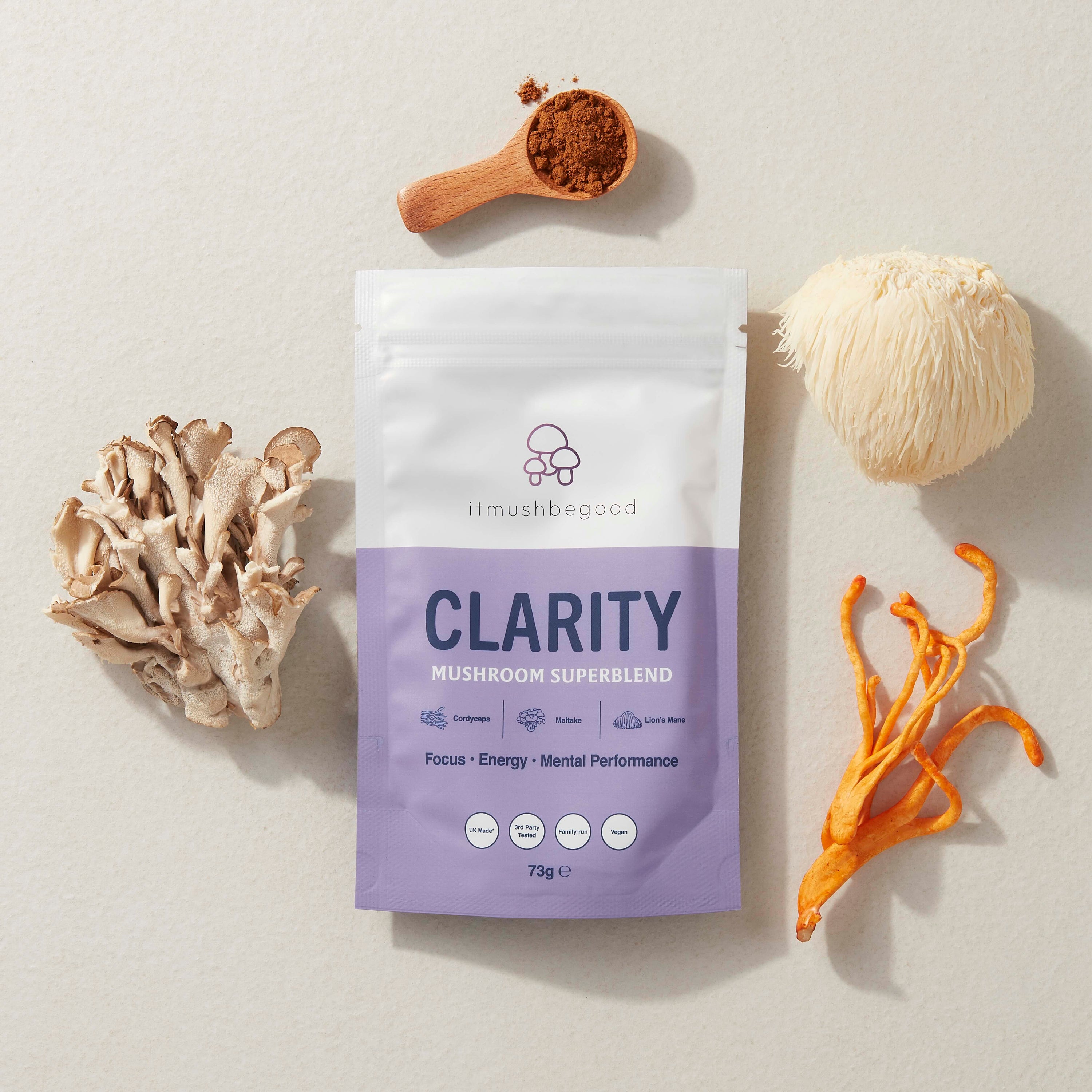 Clarity functional mushroom supplement package with ingredients surrounding 