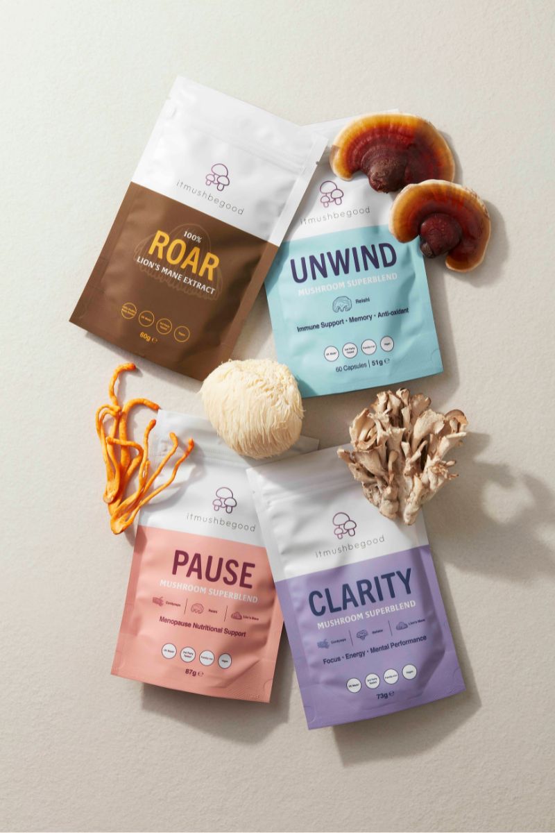 The superblend range in packaging with with reishi, cordyceps and lions mane mushrooms.